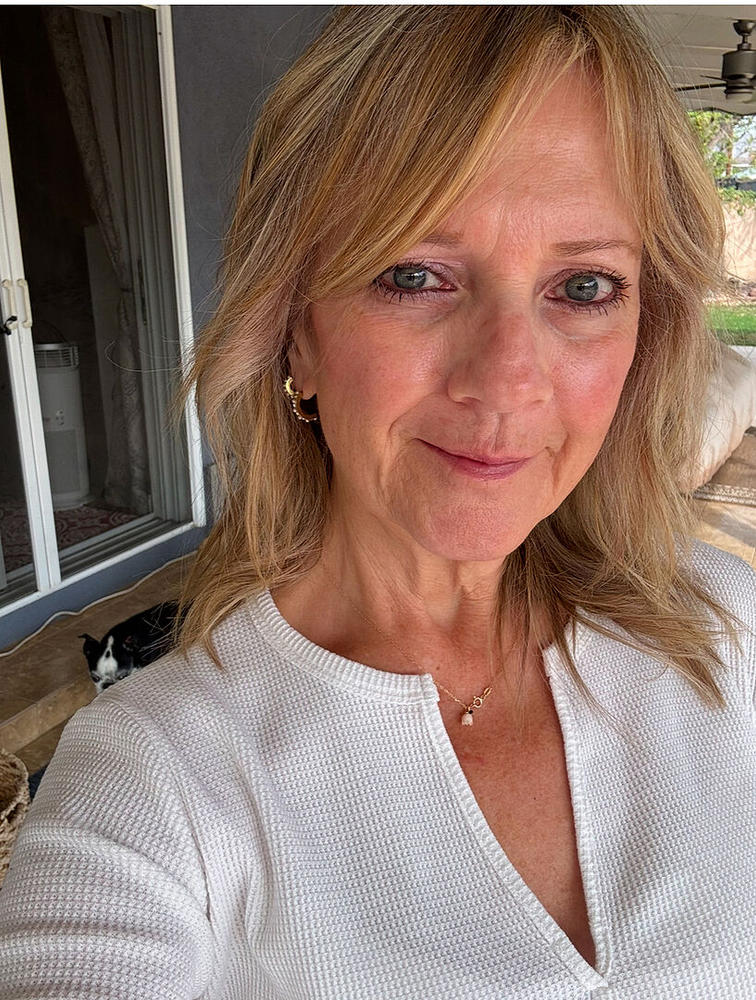 Golden Titanium 15mm Curved Pendant Crystal/White Pearl Earrings - Customer Photo From Mia I.