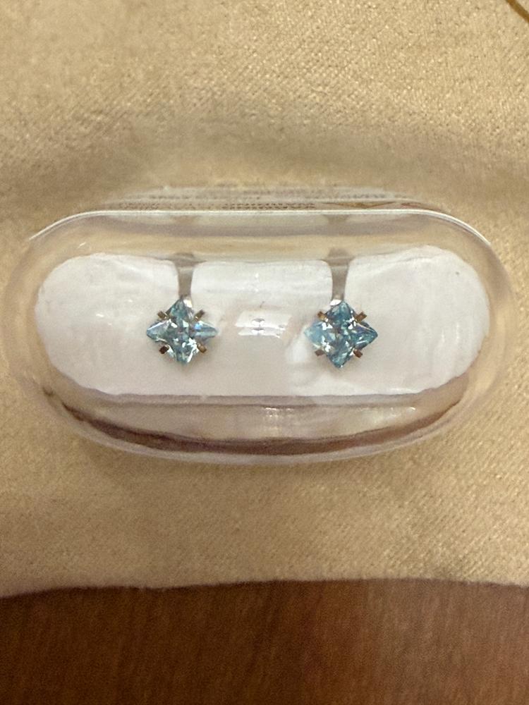 Golden Titanium 5mm Prong Set Edge Aquamarine CZ Earrings - Customer Photo From M.S.