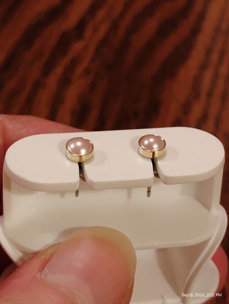 Golden Titanium 5mm Bezel Light Rose Pearl Earrings - Customer Photo From Tam