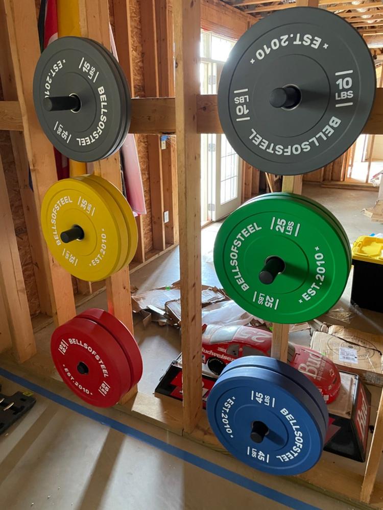 Set of 370lb Plates - Pair of 10s, 15s, 25s, 35s, 45s and 55lb Colored Bumper Plates (Save $120) - Customer Photo From Shane Hodge