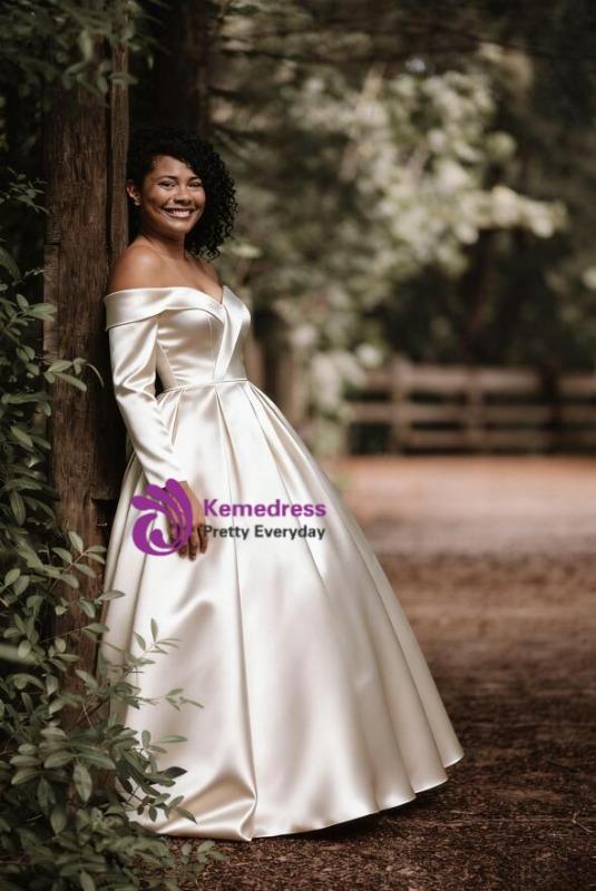 Simple White Ball Gown Satin Off the Shoulder Long Sleeve Wedding Dress Simple White Ball Gown Satin Off the Shoulder Long Sleeve Wedding Dress