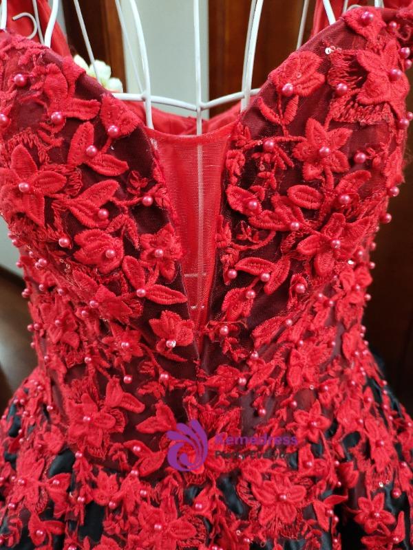 strapless open back dress Black and Red Sparkly Floral Lace Prom Ball Gown Off the Shoulder Quin –  Viniodress main image 1