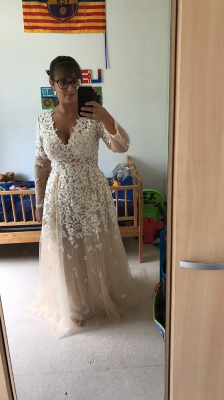Champagne Tulle Long Sleeve Nude Color Tulle Crystal Royal Party Dress