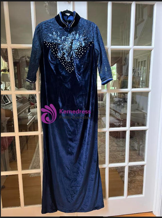 Navy Blue Velvet High Neck Half Sleeve Appliques Mother of the Bride Dresses