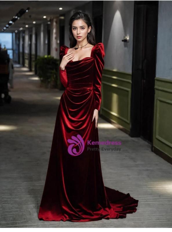 Velvet Square Burgundy Long Sleeve Prom Dress Velvet Square Burgundy Long Sleeve Prom Dress