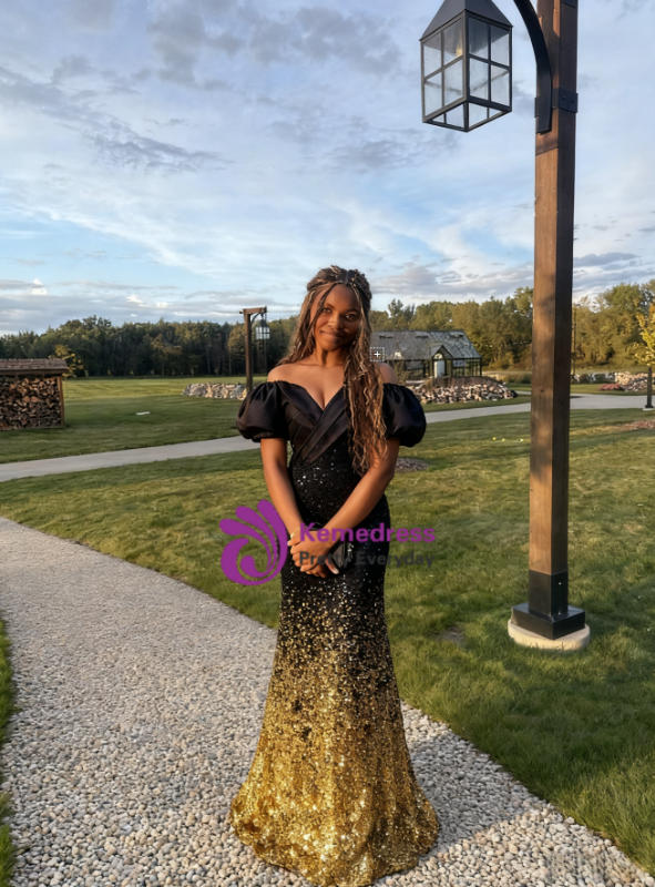 Black Gold Mermaid Sequins Off the Shoulder Prom Dress