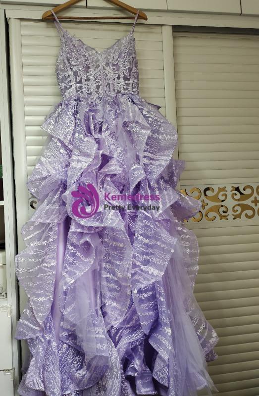 Lilac Lace Spaghetti Straps Prom Dress
