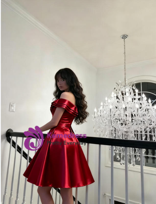 burgundy satin homecoming dress Off the Shoulder Pleats Short wakefield prom shop