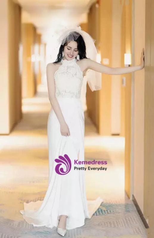 Simple White Satin Lace High Neck Wedding Dress Simple White Satin Lace High Neck Wedding Dress