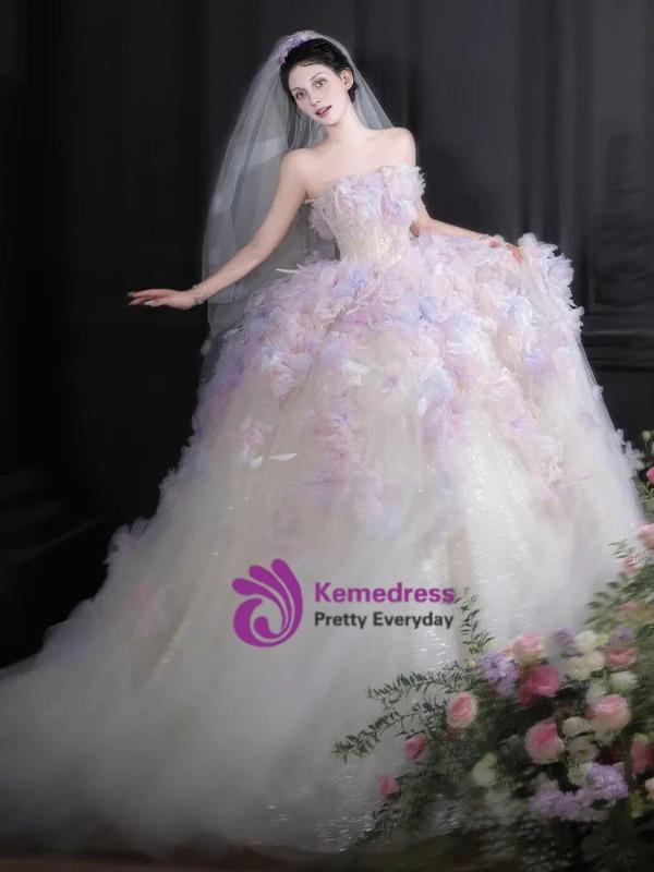 White TUlle Sequins Strapless Purple Appliques Dress White TUlle Sequins Strapless Purple Appliques Dress