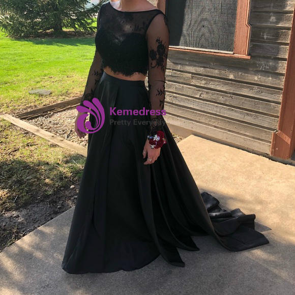 Black Satin Two Piece Long Sleeve Floor Length Prom Dress Black Satin Two Piece Long Sleeve Floor Length Prom Dress
