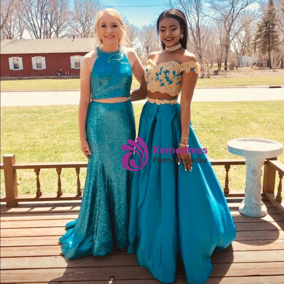A-line Cap Sleeve Beaded Lace Green Two Piece Prom Dresses A-line Cap Sleeve Beaded Lace Green Two Piece Prom Dresses