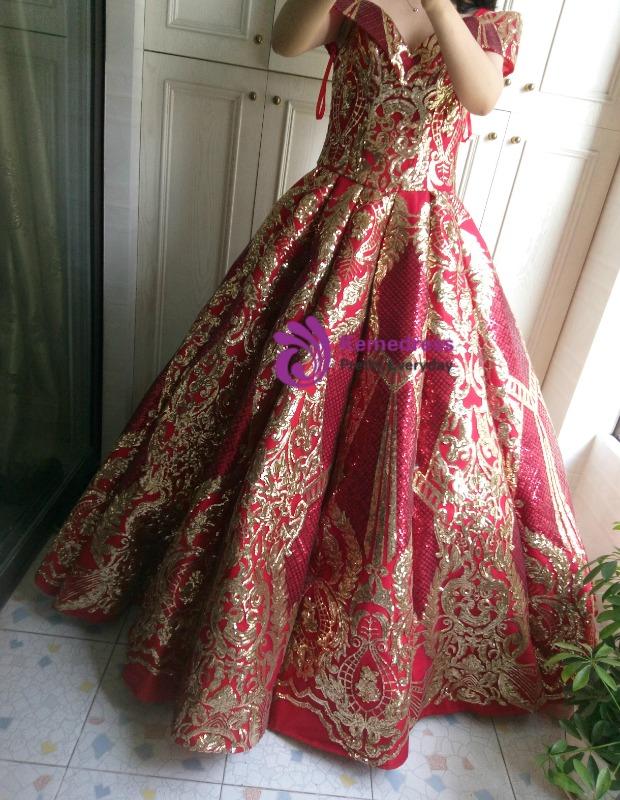 Red And Gold Sequins Appliques Off The Shoulder Wedding Dress Red And Gold Sequins Appliques Off The Shoulder Wedding Dress