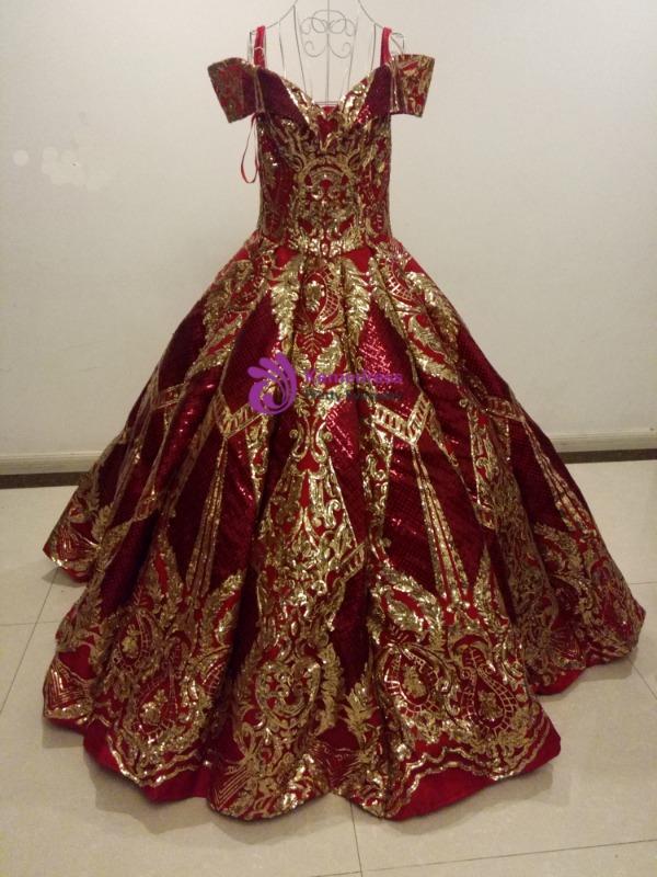 Red And Gold Sequins Appliques Off The Shoulder Wedding Dress