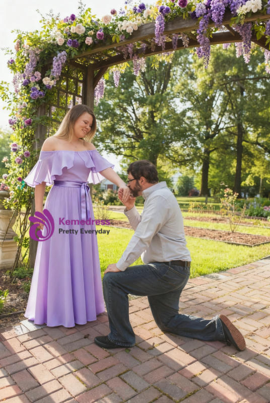 Simple Light Purple Chiffon Off The Shoulder Long Bridesmaid Dress