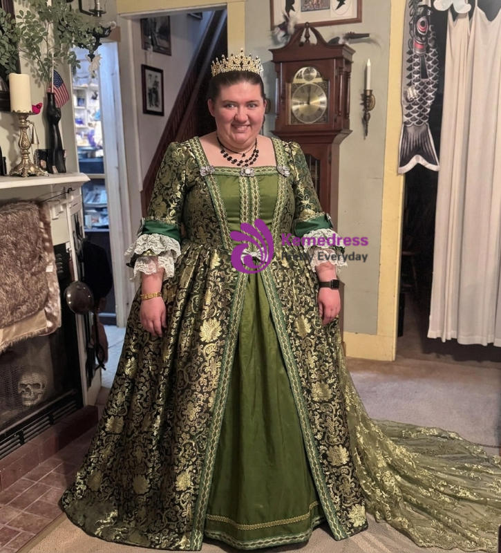 Green Ball Gown Satin Print Long Sleeve Drama Show Vintage Dress