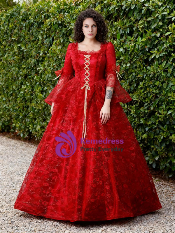 Red Ball Gown Lace Puff Sleeve Drama Show Vintage Gown Dress