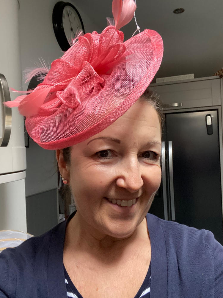 Coral Fascinator with Ruched Sinamay & Loops - Customer Photo From Tracy Pigg