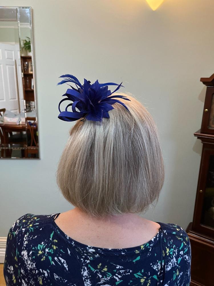 Small Blue Fascinator Clip with Feathers & Satin Loops - Customer Photo From Ann Bell