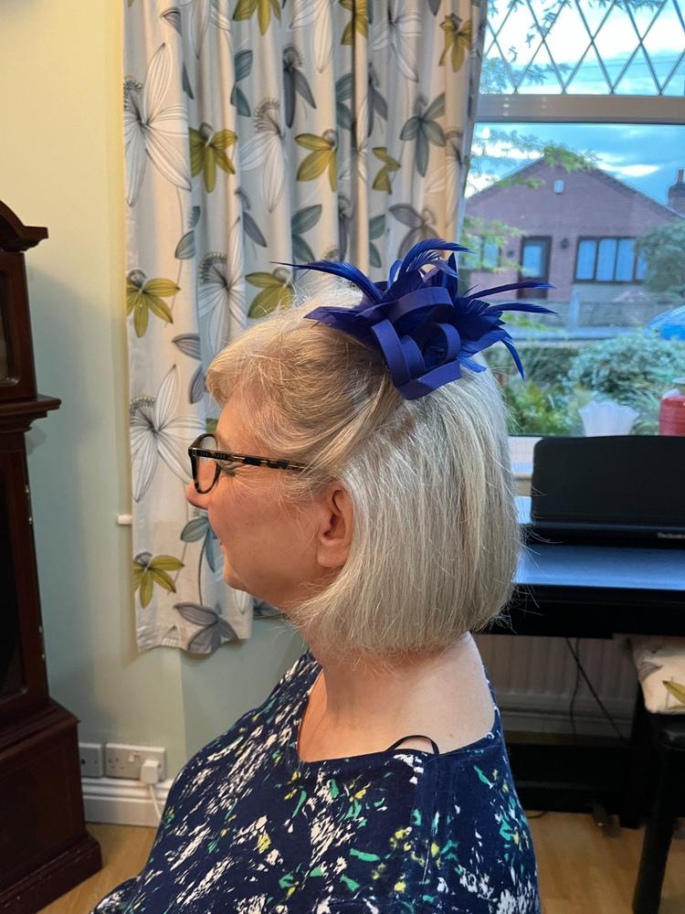Small Blue Fascinator Clip with Feathers & Satin Loops - Customer Photo From Ann Bell