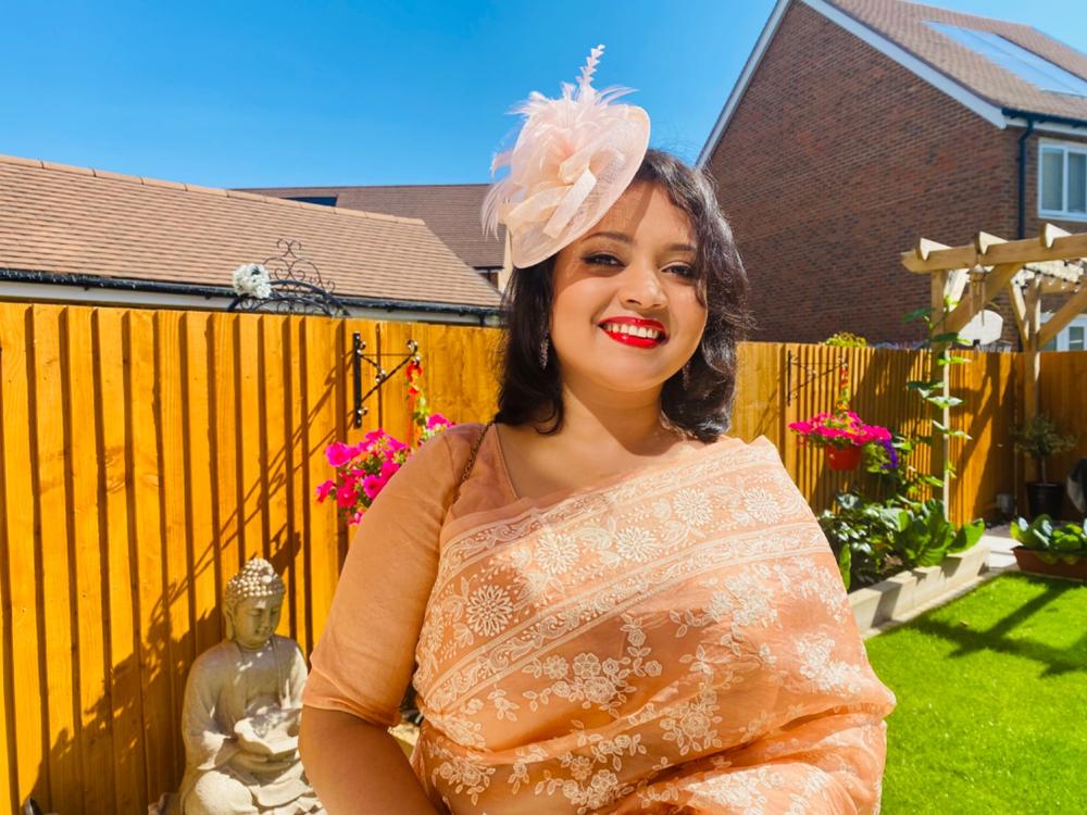 Wispy Feather & Twisted Sinamay Peach Disc Fascinator - Customer Photo From Sujata Das