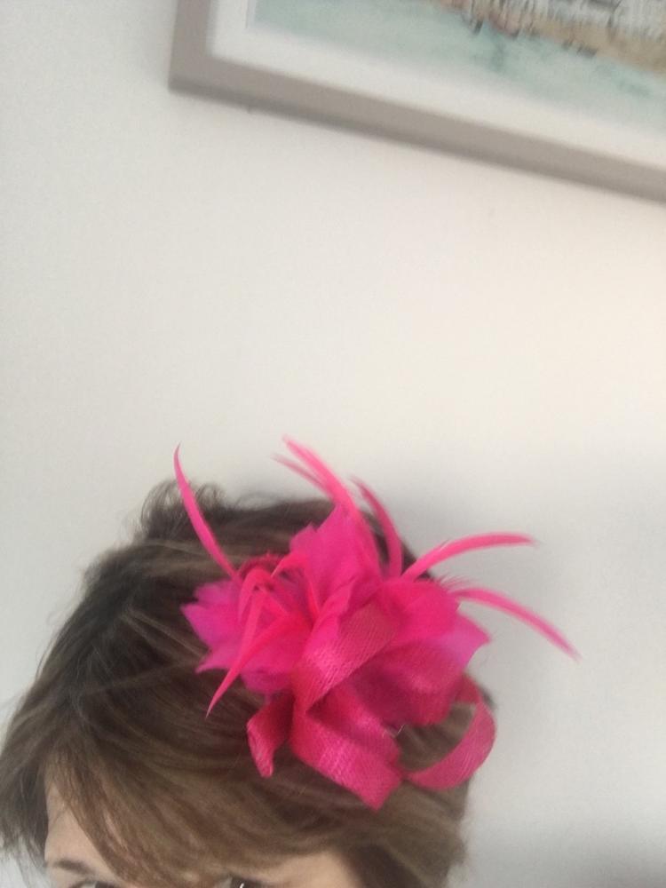 Small Fuschia Fascinator Clip with Feathers & Sinamay Loops - Customer Photo From Susan Taylor