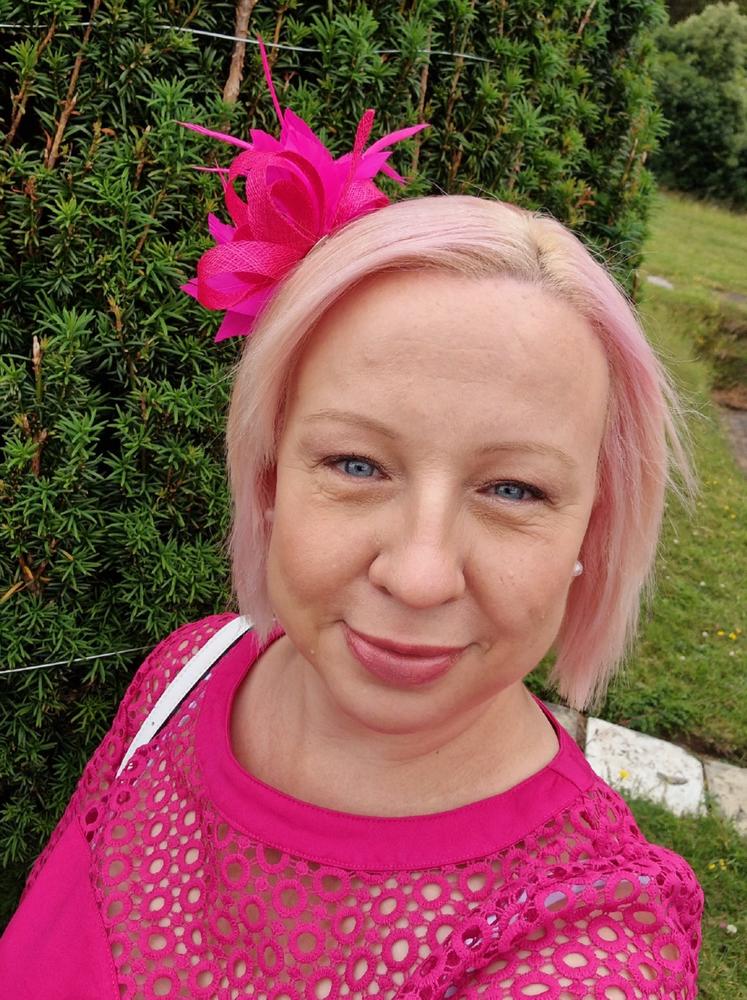 Small Fuschia Fascinator Clip with Feathers & Sinamay Loops - Customer Photo From Susan Campion