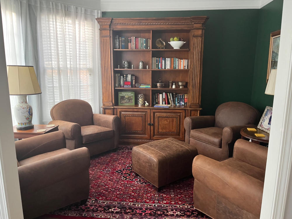 Edison Art Deco Rounded Tight Back Leather Club Chair - Customer Photo From Kathleen O’Mahoney