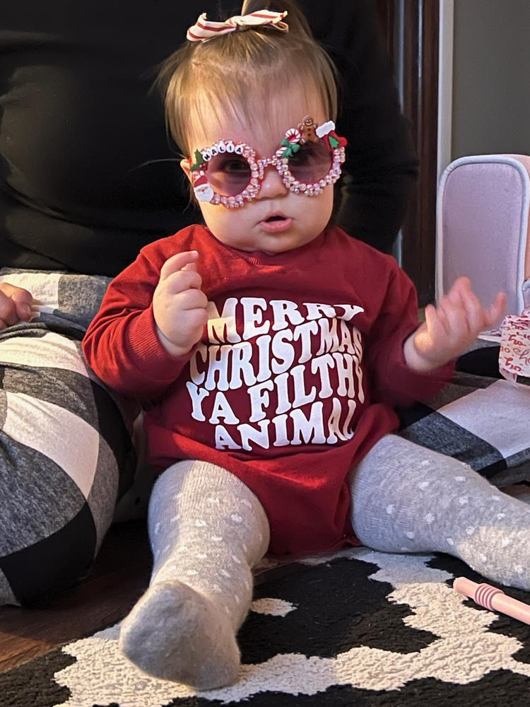 MERRY CHRISTMAS YA FILTHY ANIMAL Long-Sleeve Onesie - Customer Photo From shellee Preisner