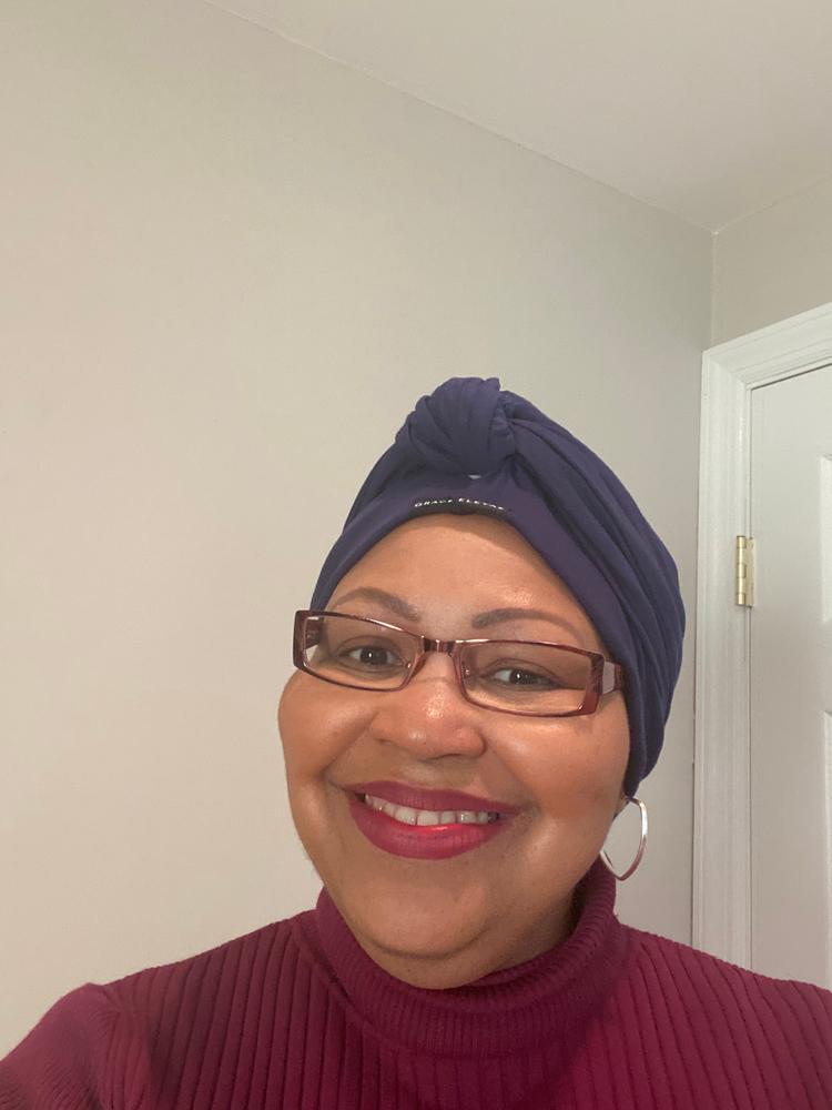 Navy Satin-Lined Knot Turban - Customer Photo From Sharon Lewis