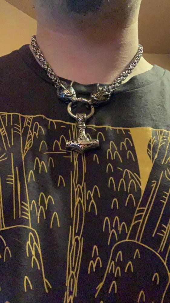 Stainless Steel Wolf Head Chain with Mjolnir - Customer Photo From Barron Gregory