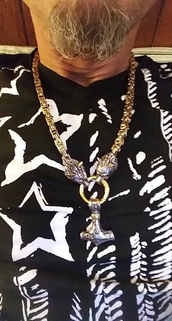 Gold & Silver Stainless Steel Wolf King Chain with Mjolnir - Customer Photo From Robert S Hines