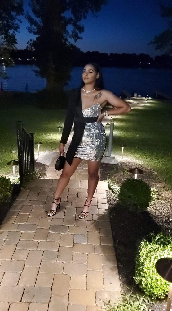 Silver Night One Sleeved Sequin Crepe Tuxedo Blazer Dress - Customer Photo From Anonymous