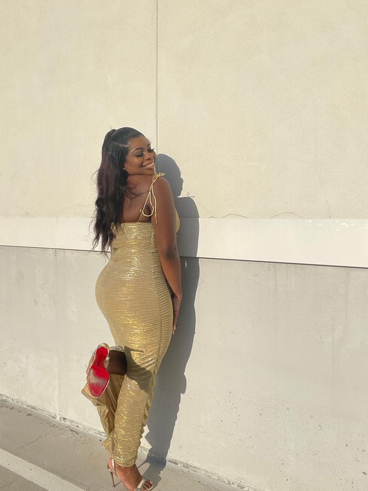 The Glint Gold Ruched Chiffon Long Maxi Dress - Customer Photo From Gabrielle 