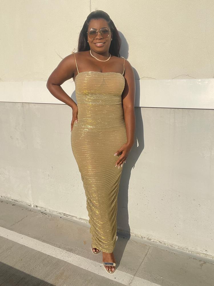 The Glint Gold Ruched Chiffon Long Maxi Dress - Customer Photo From Gabrielle 