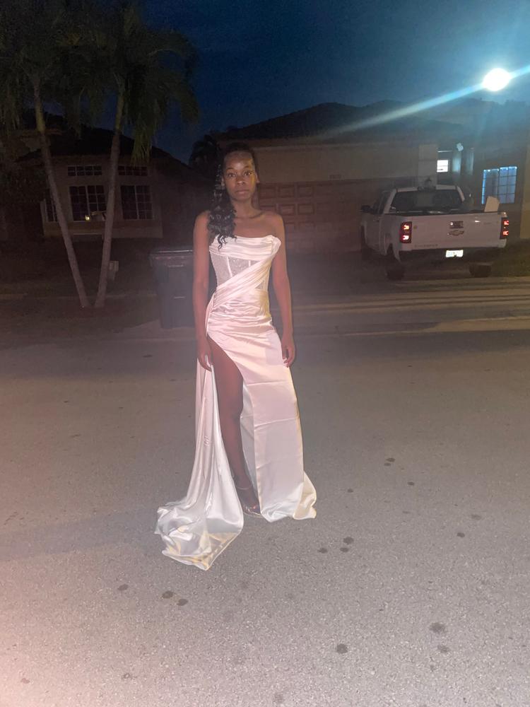 Holly White Crystallized Corset High Slit Satin Gown - Customer Photo From Atashi 