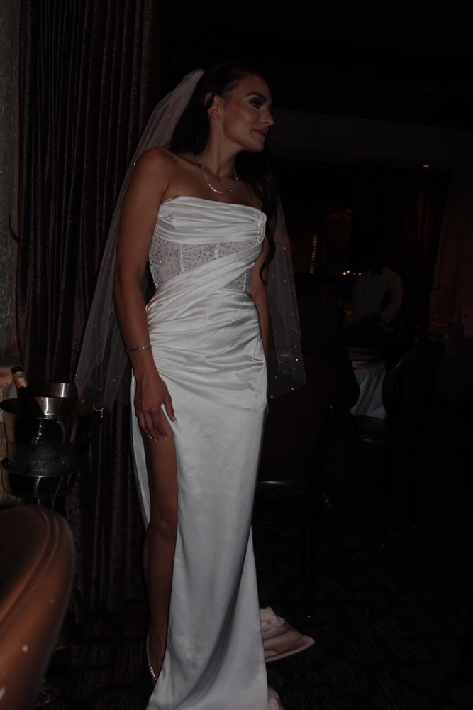 Holly White Crystallized Corset High Slit Satin Gown - Customer Photo From Mia Lopez