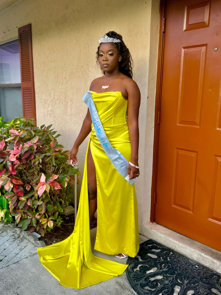 Holly Lemon Crystallized Corset High Slit Satin Gown - Customer Photo From Anonymous