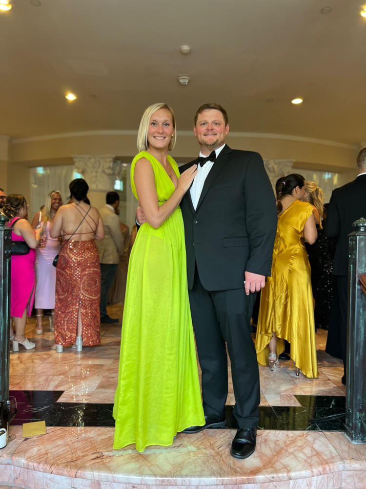 Valley Of Angels Lime Silk Pleated High Slit Maxi Dress - Customer Photo From Anonymous