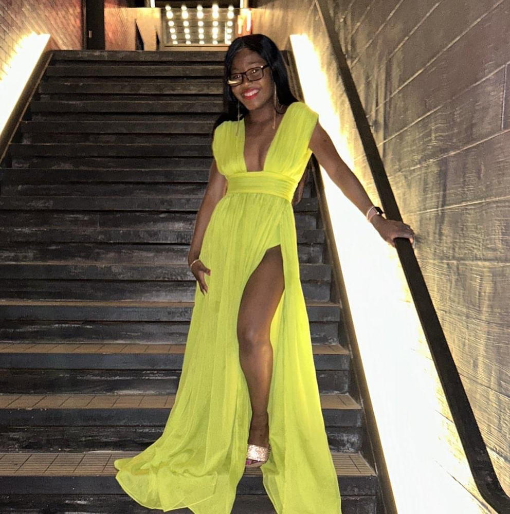 Valley Of Angels Lime Silk Pleated High Slit Maxi Dress - Customer Photo From Faith Brewster