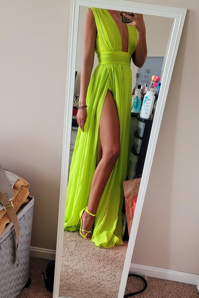 Valley Of Angels Lime Chiffon Pleated High Slit Maxi Dress - Customer Photo From Avi