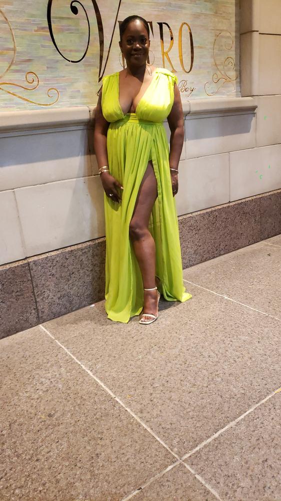 Valley Of Angels Lime Silk Pleated High Slit Maxi Dress - Customer Photo From Joan W