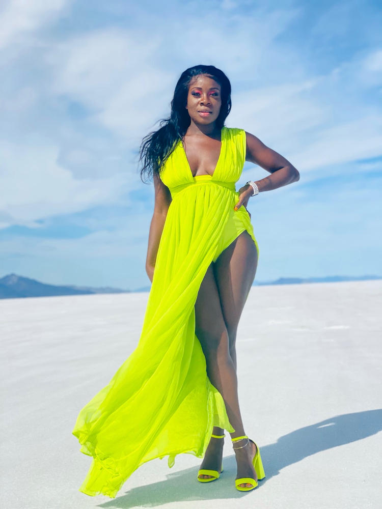 Valley Of Angels Lime Silk Pleated High Slit Maxi Dress - Customer Photo From Rosabelle Nzambi