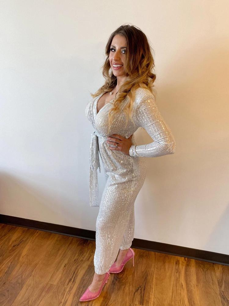 Tasha Silver Sequin Jumpsuit with Waist Tie - Customer Photo From Tijana 