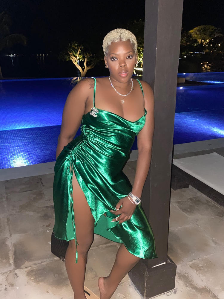 Montego Emerald Green Satin Side Slit Dress - Customer Photo From Keisha Walker