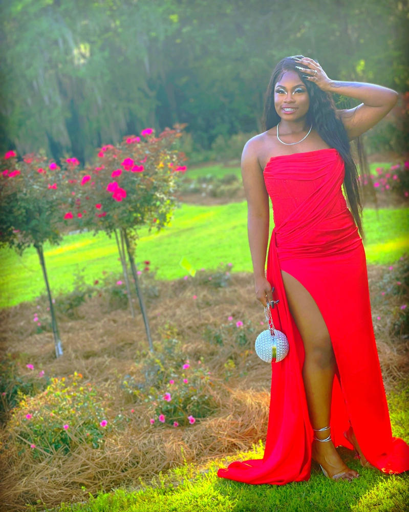 Holly Red Crystallized Corset High Slit Satin Gown - Customer Photo From Claudette Prophet