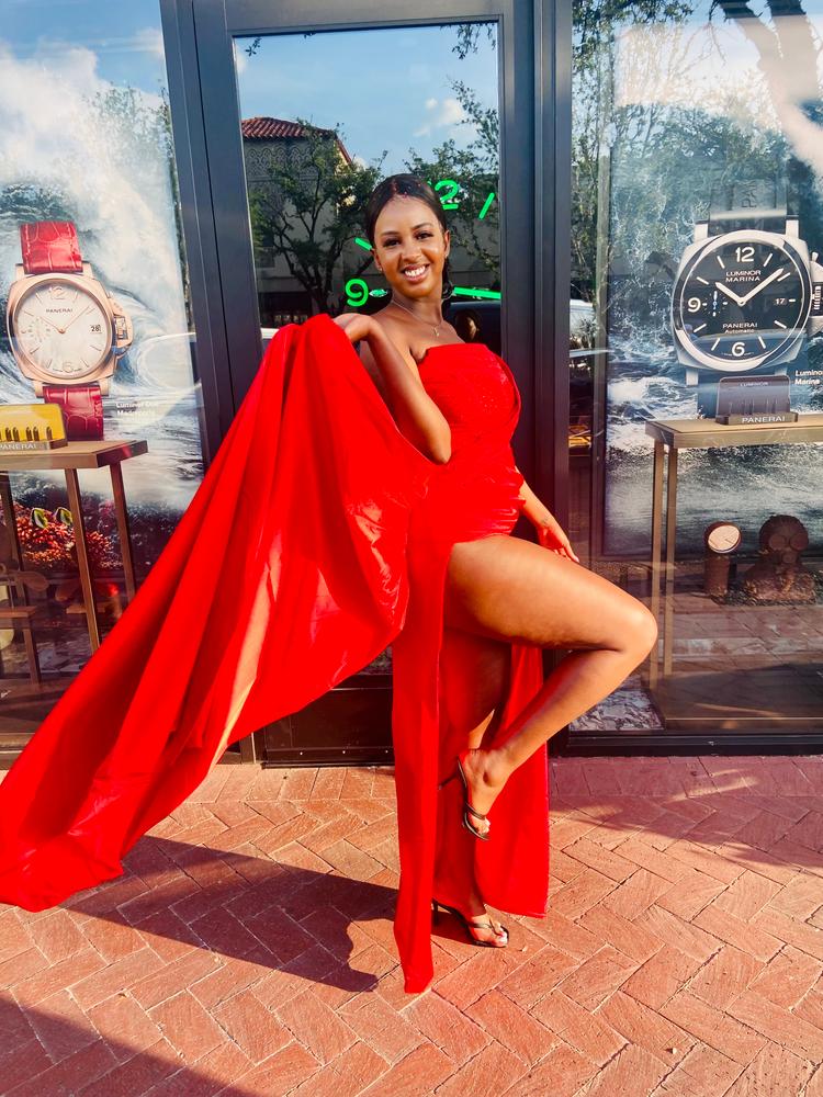Holly Red Crystallized Corset High Slit Satin Gown - Customer Photo From Diane Ingabire