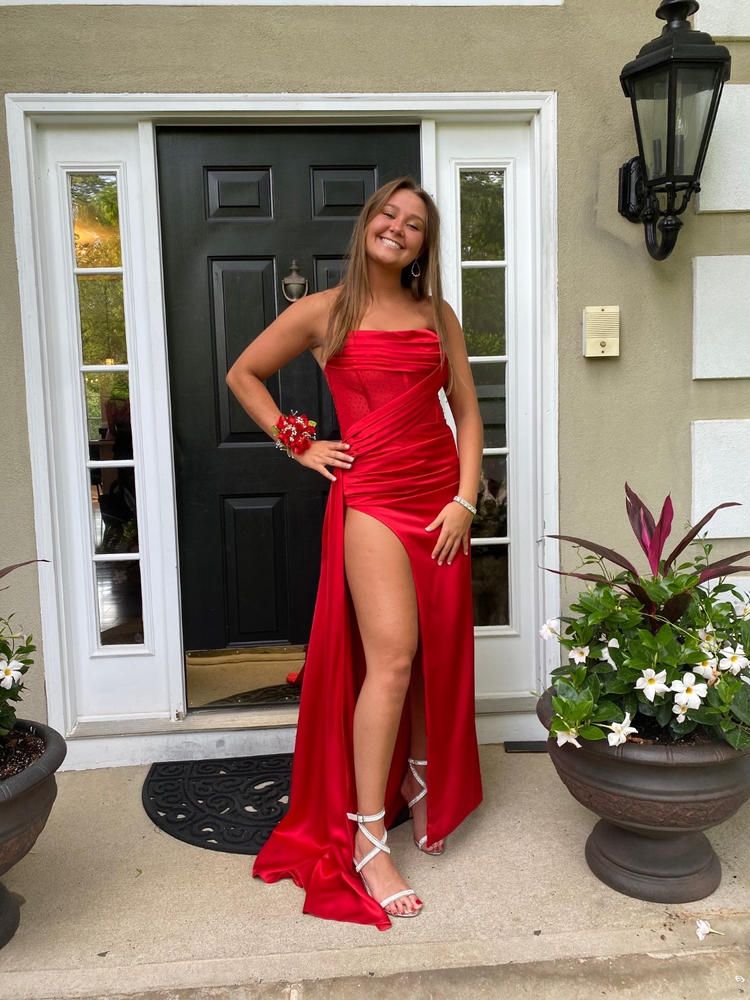 Holly Red Crystallized Corset High Slit Satin Gown - Customer Photo From Lee Ann Grabicki 