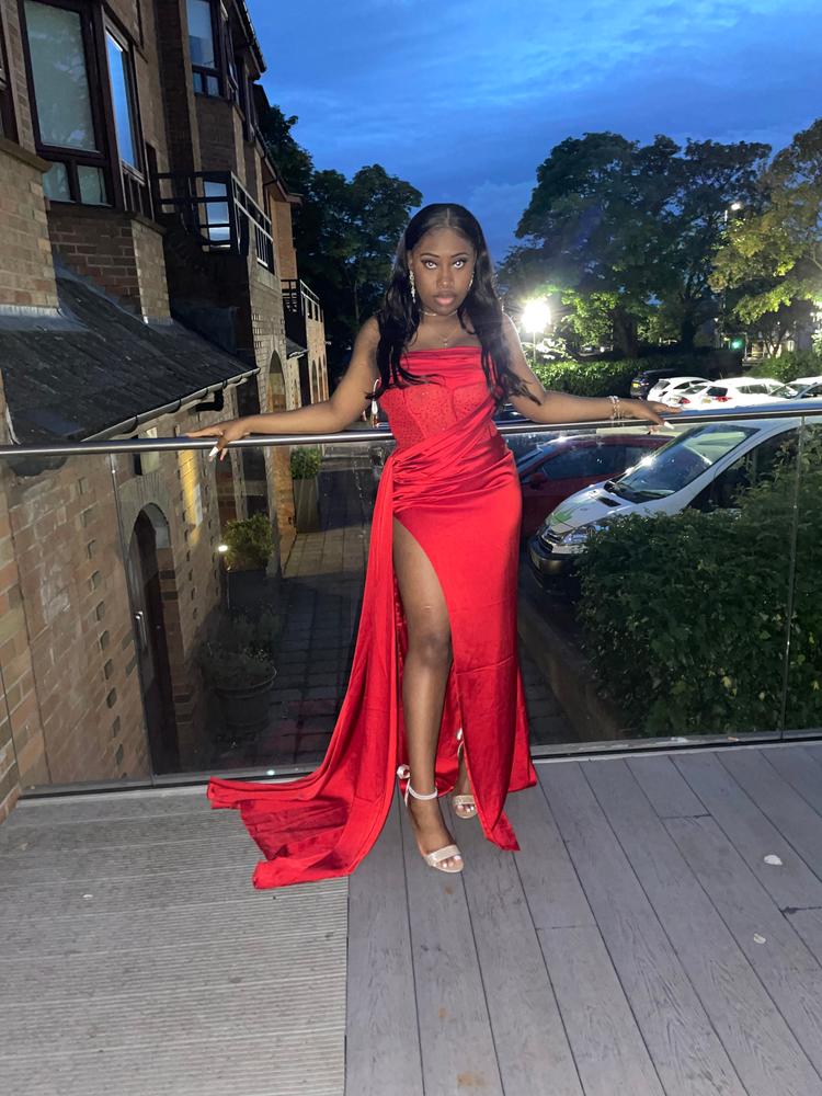 Holly Red Crystallized Corset High Slit Satin Gown - Customer Photo From Lynce