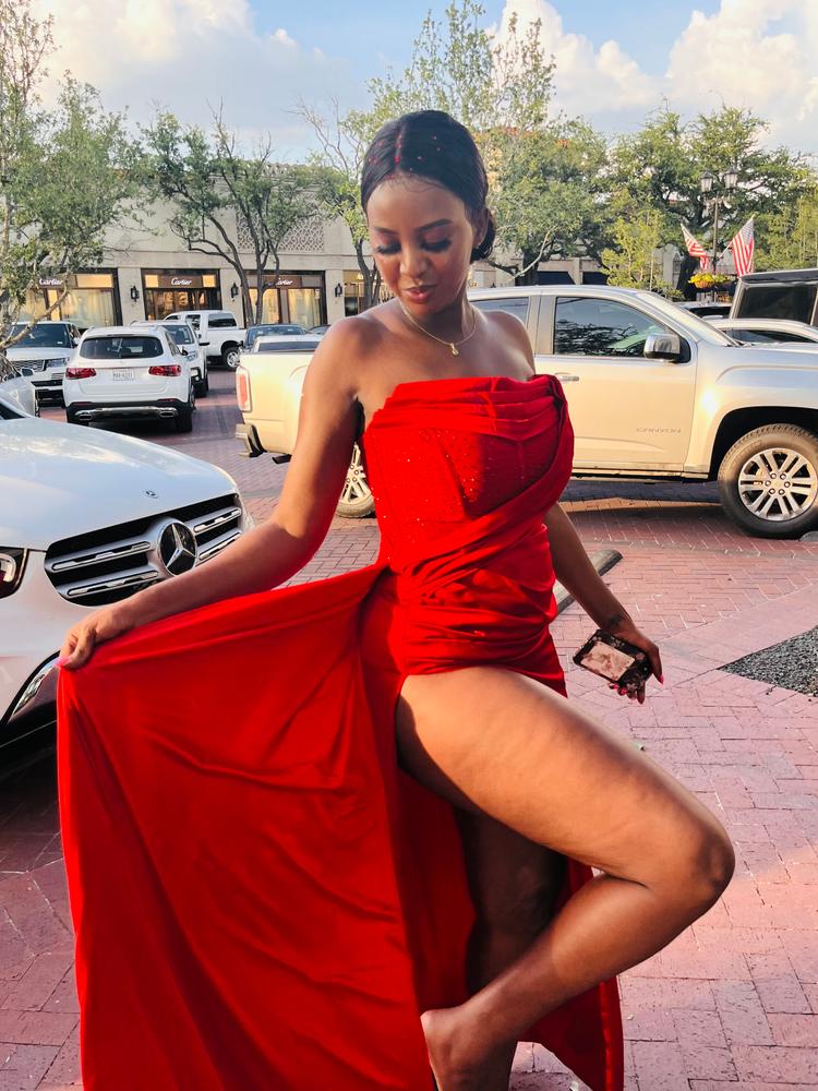 Holly Red Crystallized Corset High Slit Satin Gown - Customer Photo From Diane Ingabire